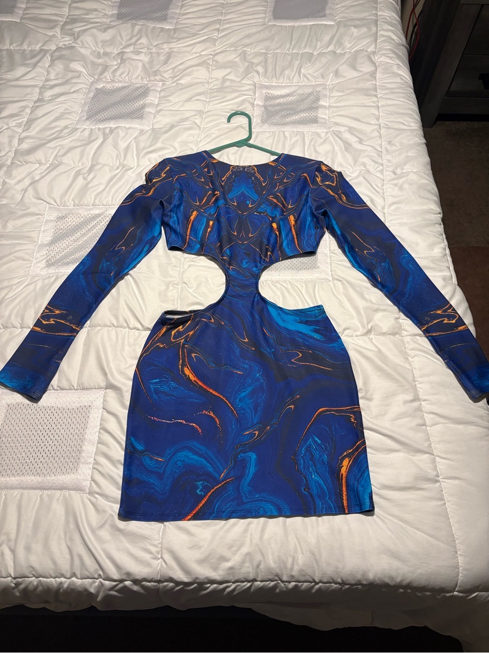 Marble-Print Cutout Long-Sleeve Mini Dress — Blue with Orange Accents